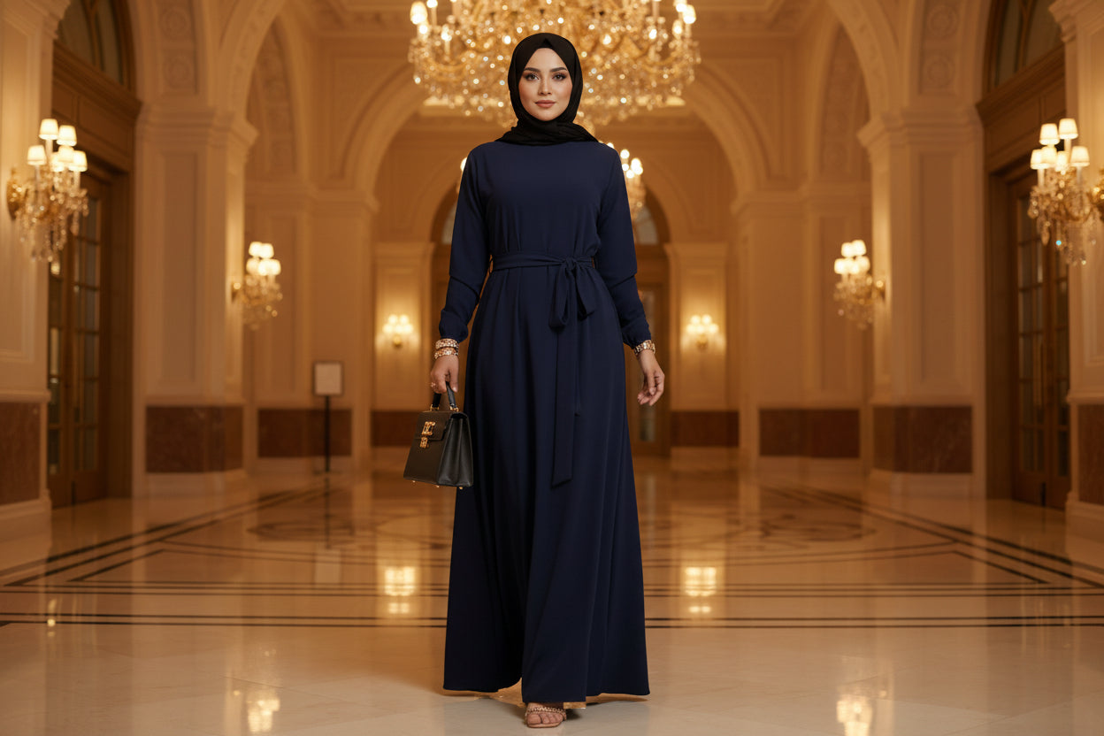 Person wearing a long navy blue dress holding a matching scarf against a white background