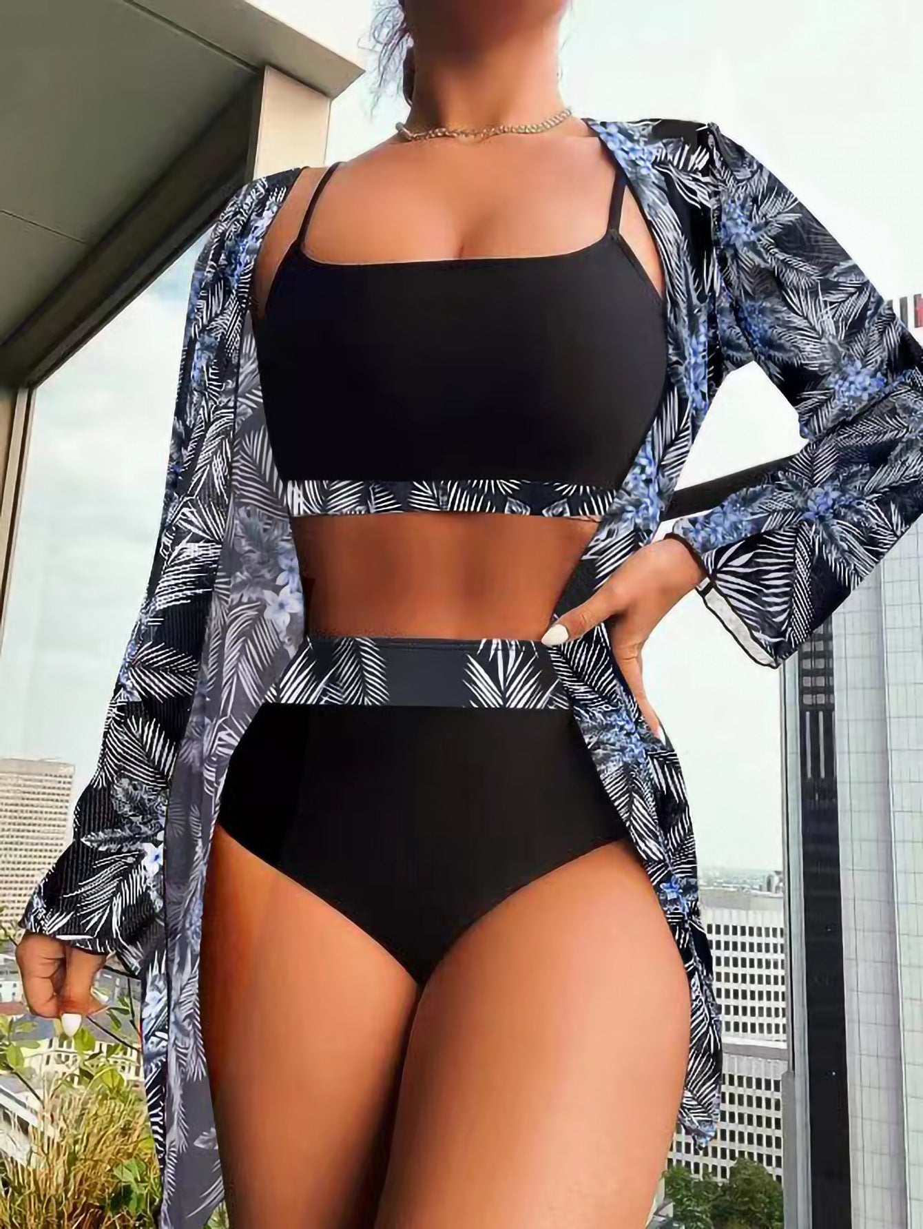 High Waist Women's Three-Piece Swimsuit Set with Cover-Up