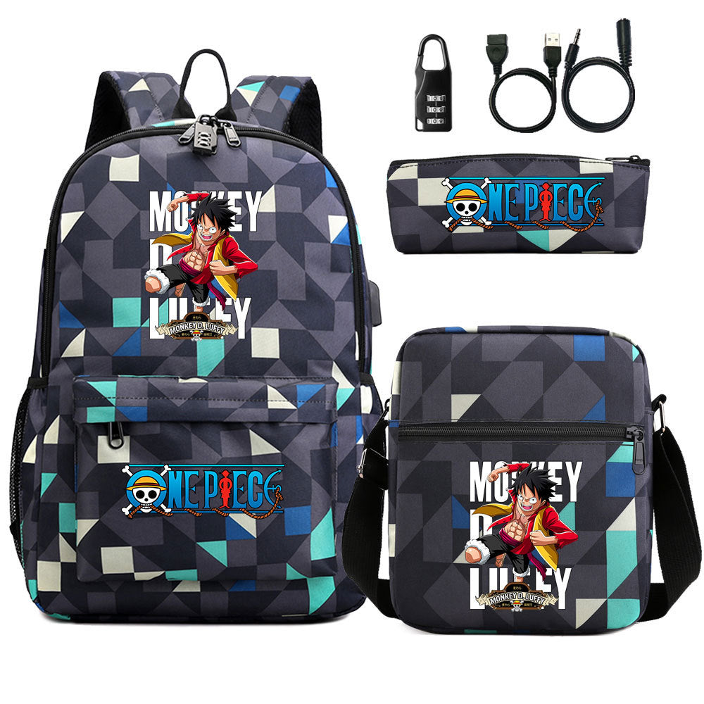 Cartoon One Piece USB Password Lock Backpack Set