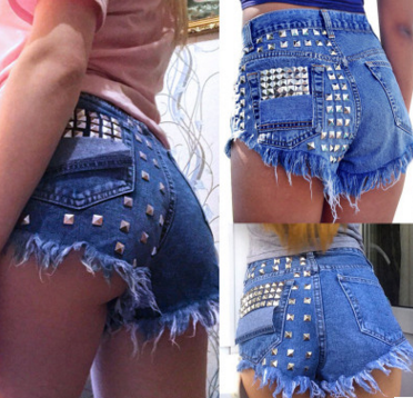 Summer Ripped Denim Shorts with Studs for Women