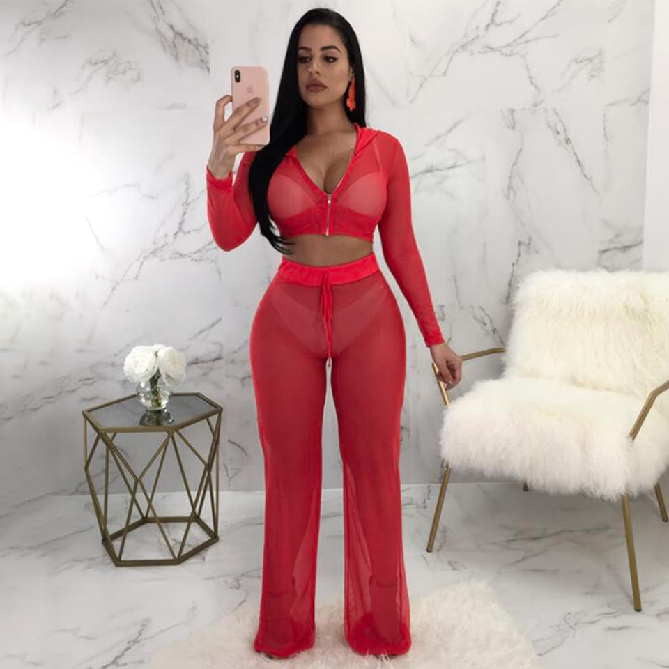 Lace Patchwork Sexy Zipper Two-Piece Women's Set