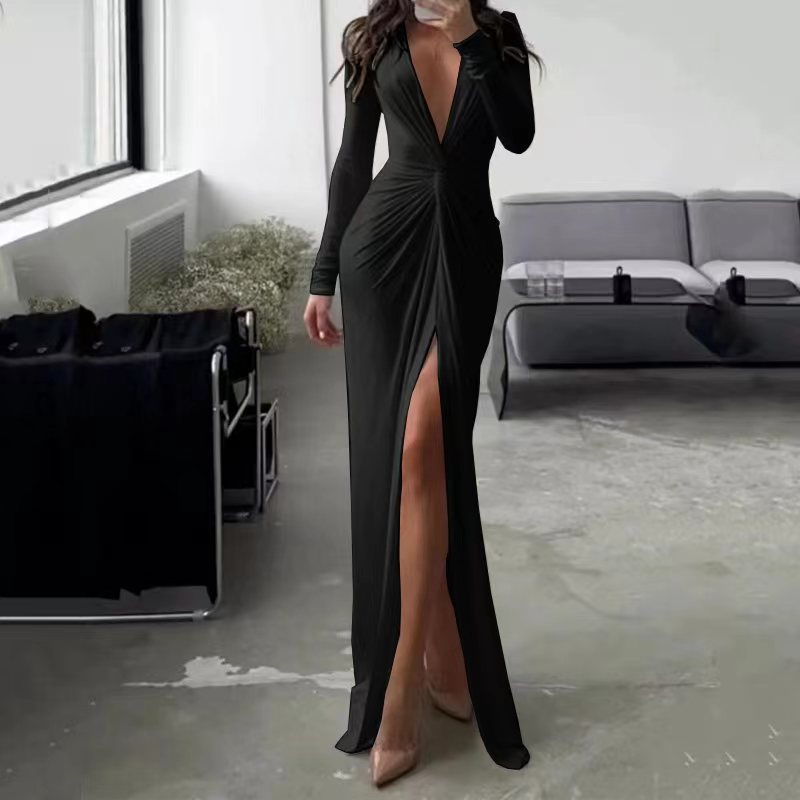 The Plissé Solid Long Sleeve Dress | Evarisluxe