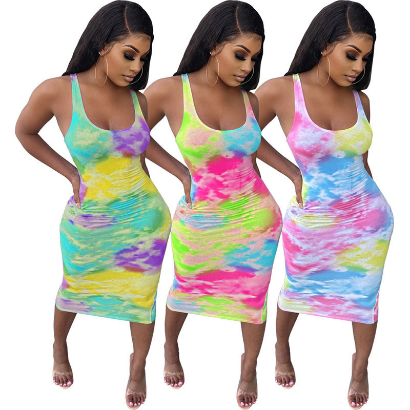 Rainbow Tie Dye Summer Skinny Dress for Women
