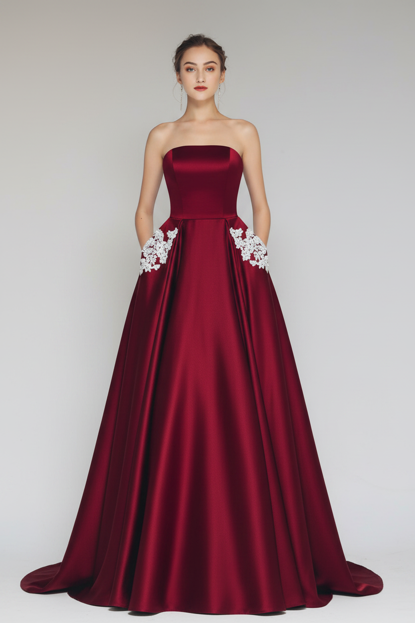 Red strapless gown with white floral details on a plain background