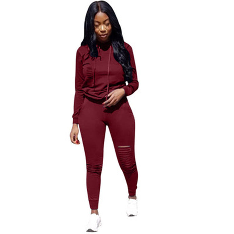 Women's Solid Color Floral Hoodie Two-Piece Set