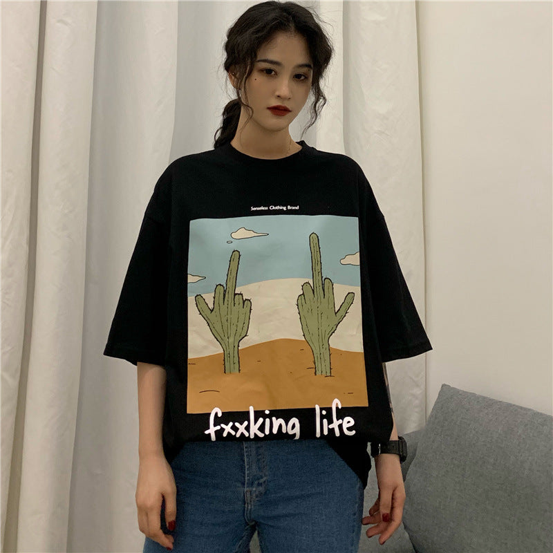 Cactus Print Loose Cotton T-Shirt for Women Summer
