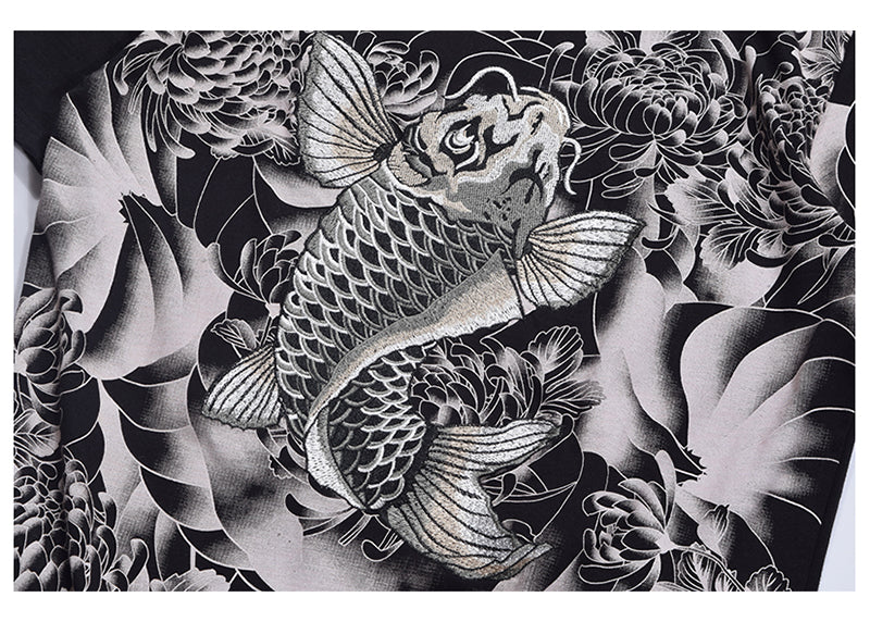 Japanese Retro Embroidered Koi Fish T-Shirt for Men