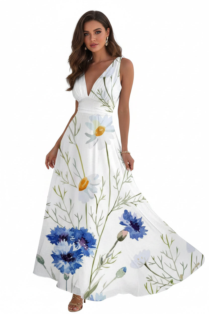 White dress with floral pattern on a white background