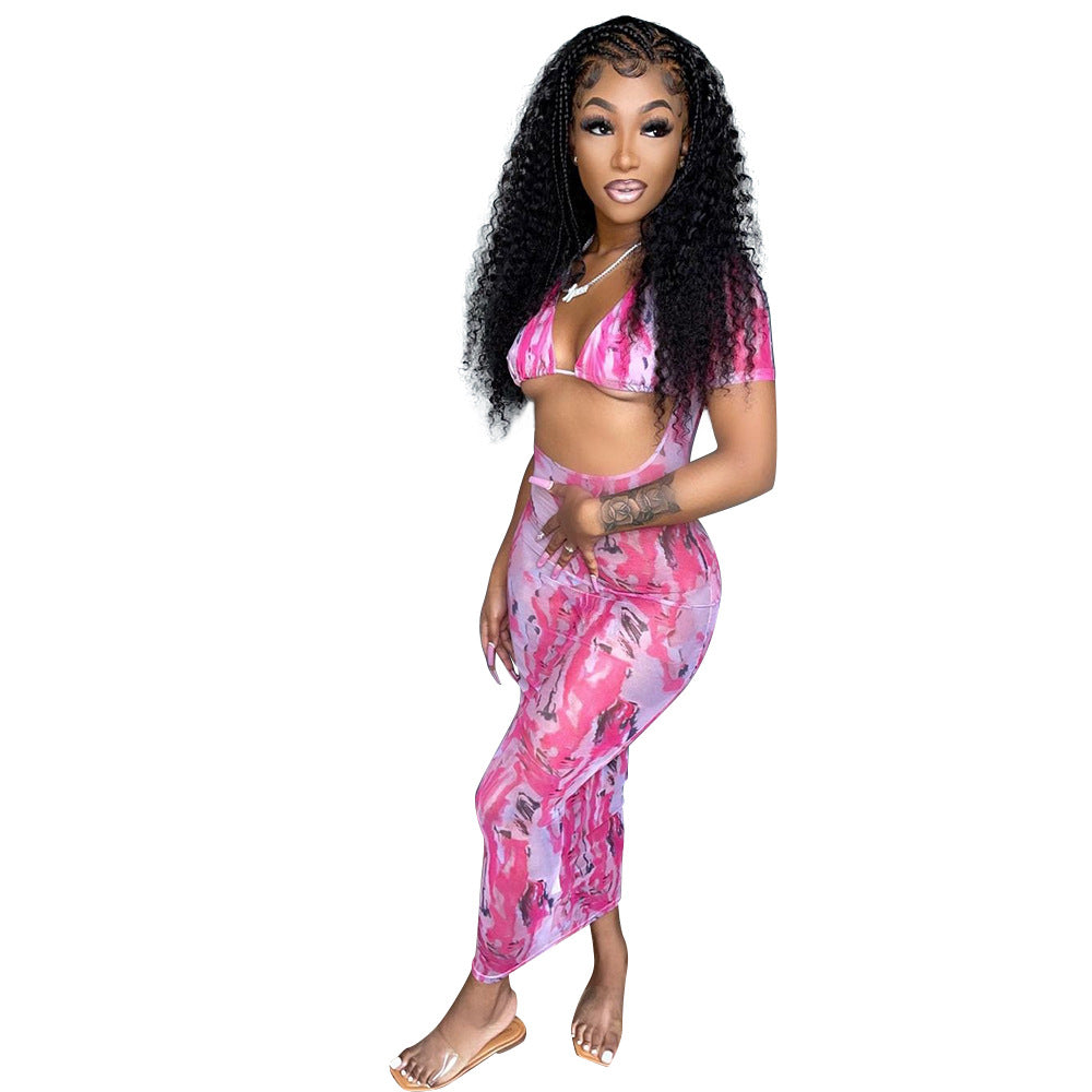 Long Printed Mesh Dress