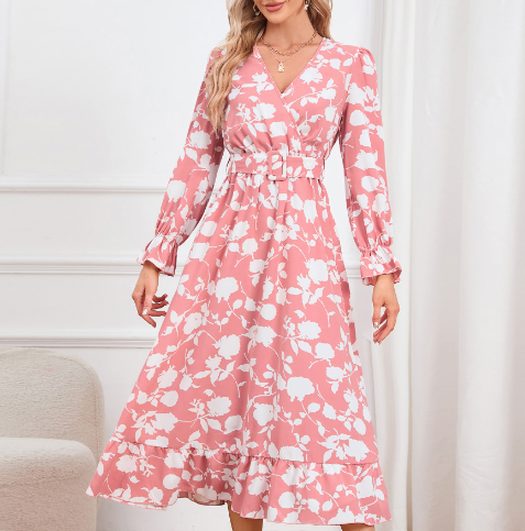 Retro V-neck Printed Dress for Women