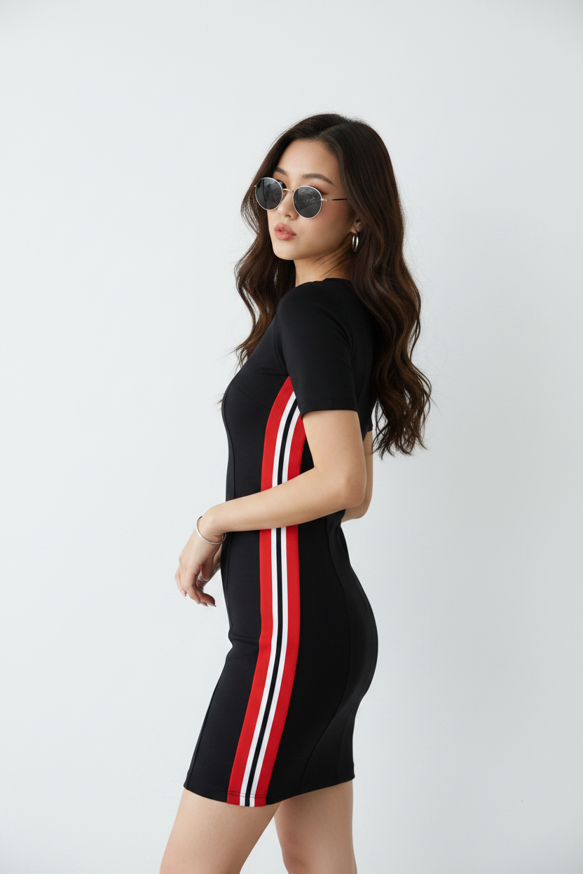 Woman wearing a black dress with red and white stripes on a plain background