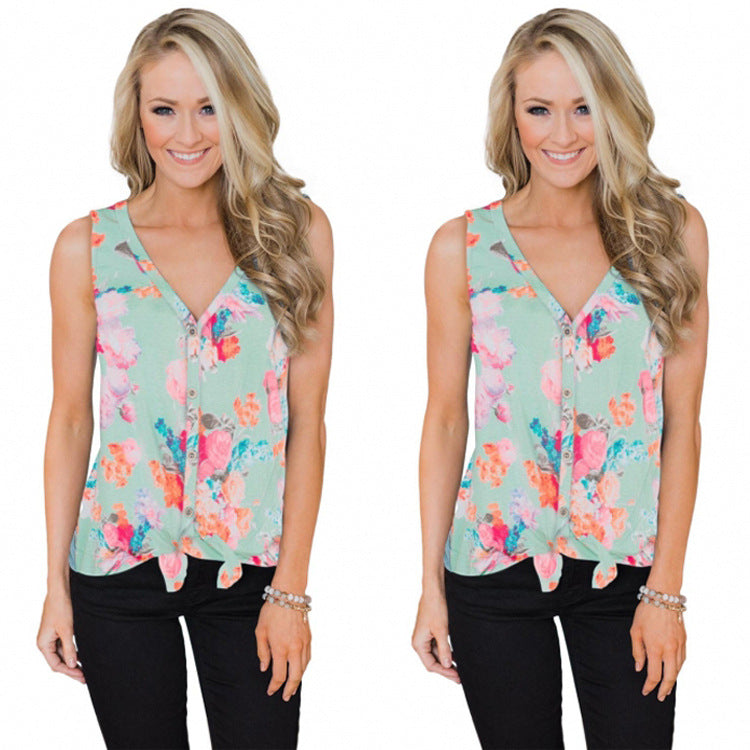 Summer V-Neck Sleeveless Printed Top for Women