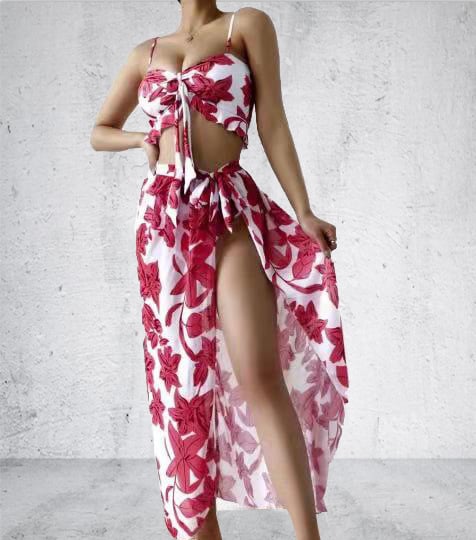 Floral Three-Piece Bikini Beach Dress Set