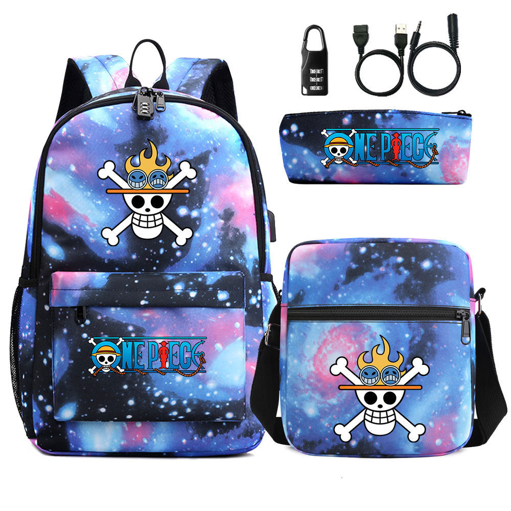 Cartoon One Piece USB Password Lock Backpack Set
