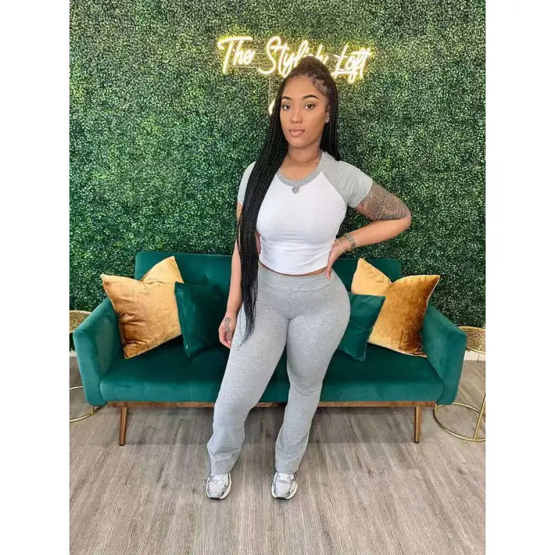 Women's Contrast Color Short Sleeve Top & Trousers 2-Piece Casual Set