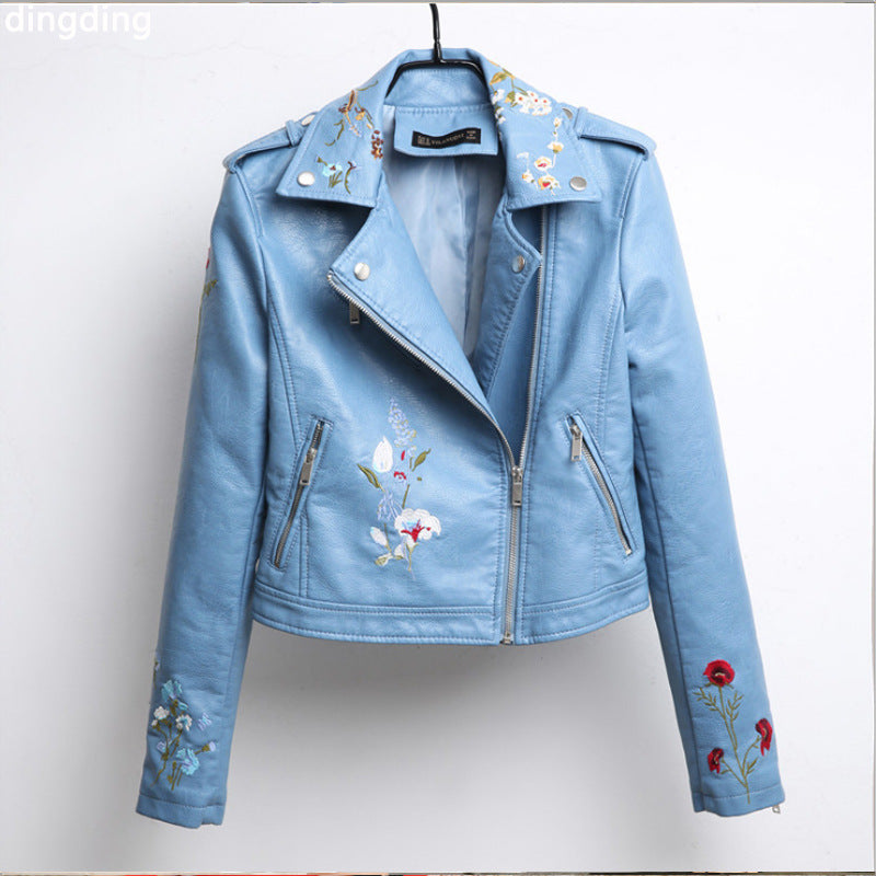2018 Women's Korean Style Embroidered Leather Jacket