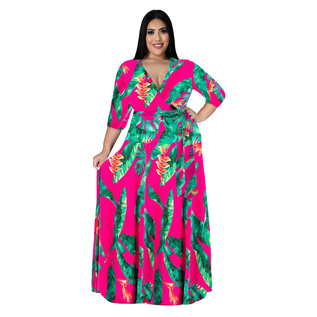 Women's Plus Size V-Neck Print Dress for Spring & Autumn