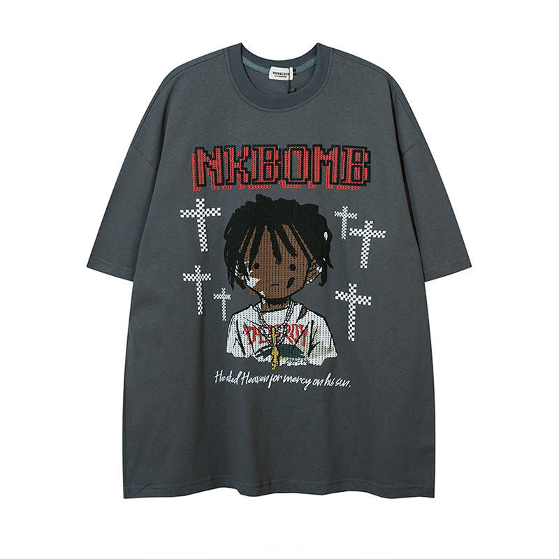 Korean Retro Cartoon Printed Hip Hop T-Shirt for Men