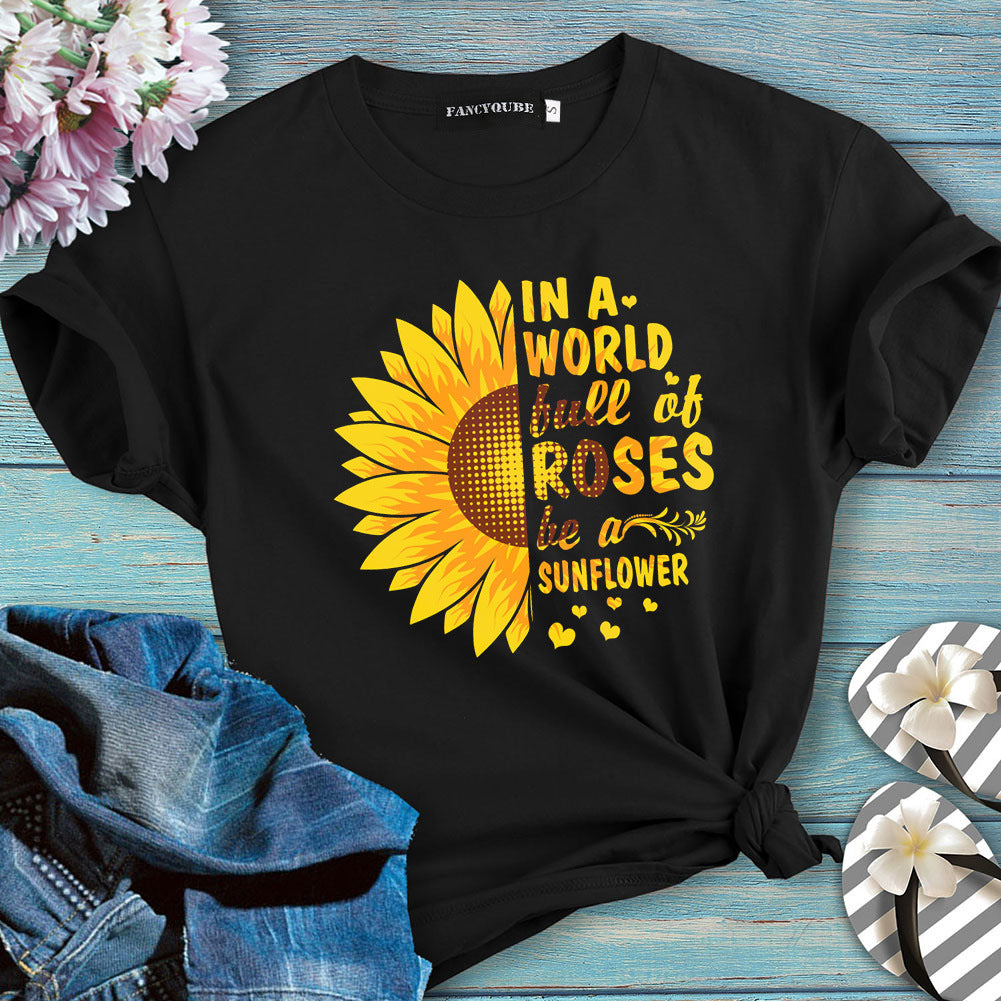 Summer Sunflower Letter Print Cotton T-Shirt for Women