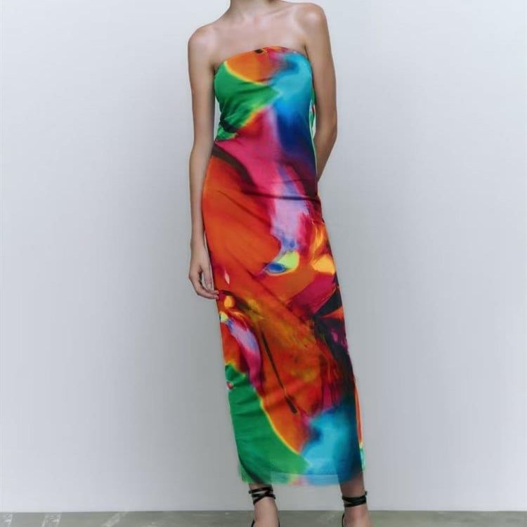 Slim-fit Printed Silk Bandeau Dress for Women