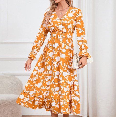 Retro V-neck Printed Dress for Women