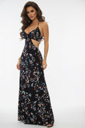 Black floral dress shown from front, back, and side views.