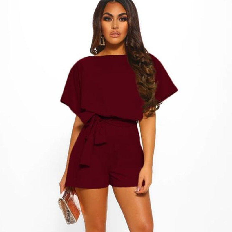 Fashionable Solid Color Belted Short Jumpsuit for Summer
