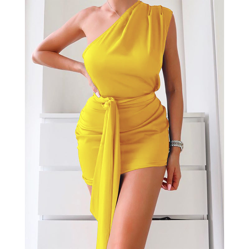 Solid Color One-Shoulder Dress for Women