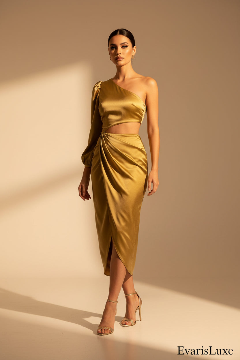 Gold one-shoulder dress on a white background
