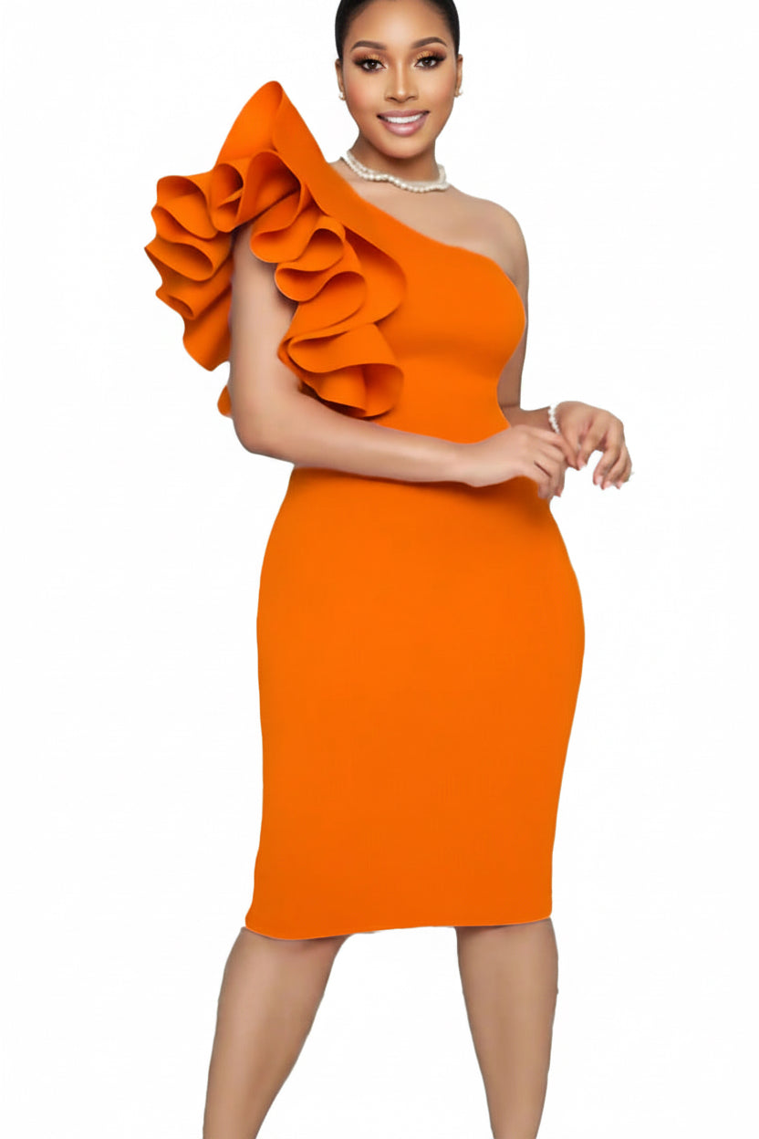 Orange one-shoulder dress with ruffled detail on a white background