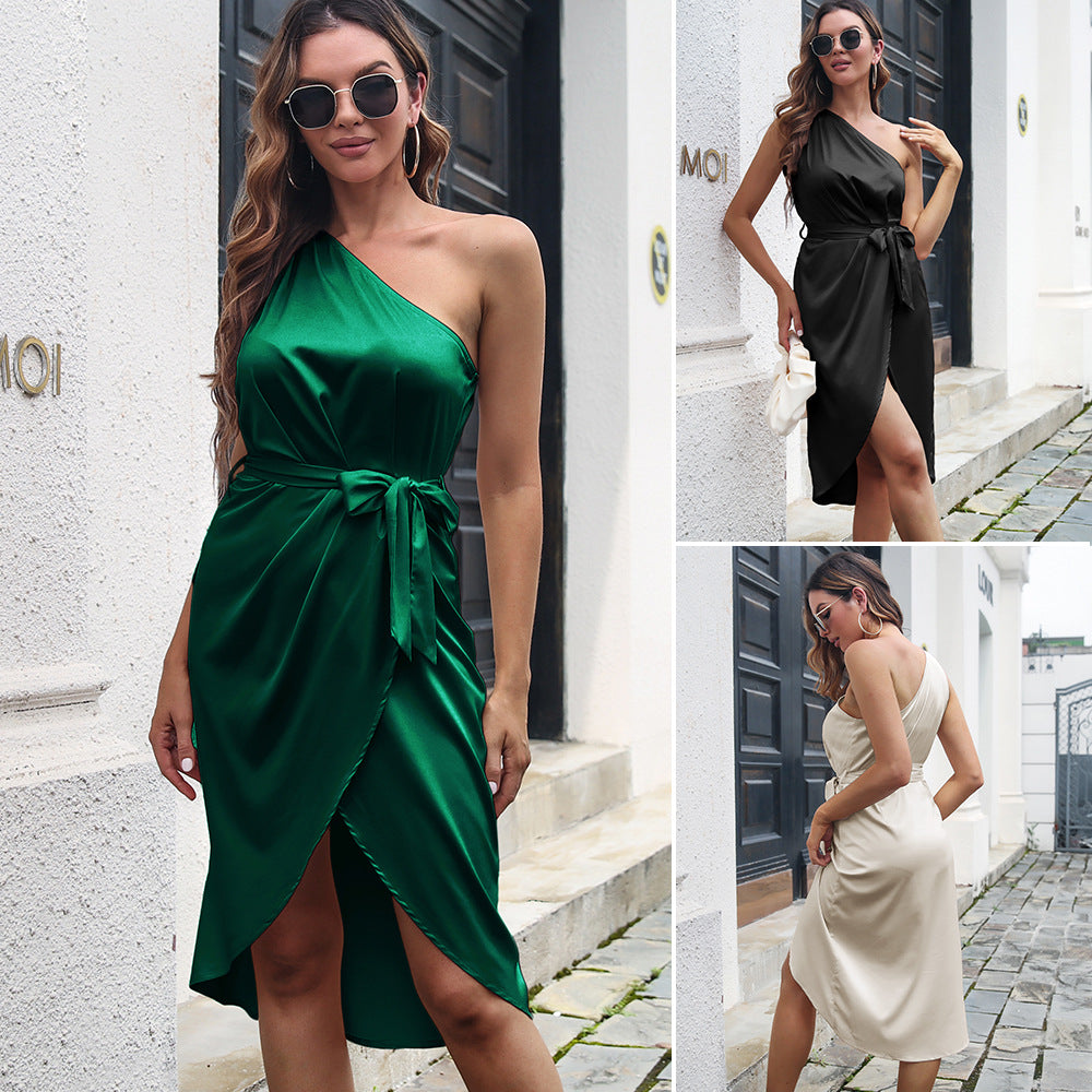 The Soie One-Shoulder Satin Wrap Dress | Evarisluxe