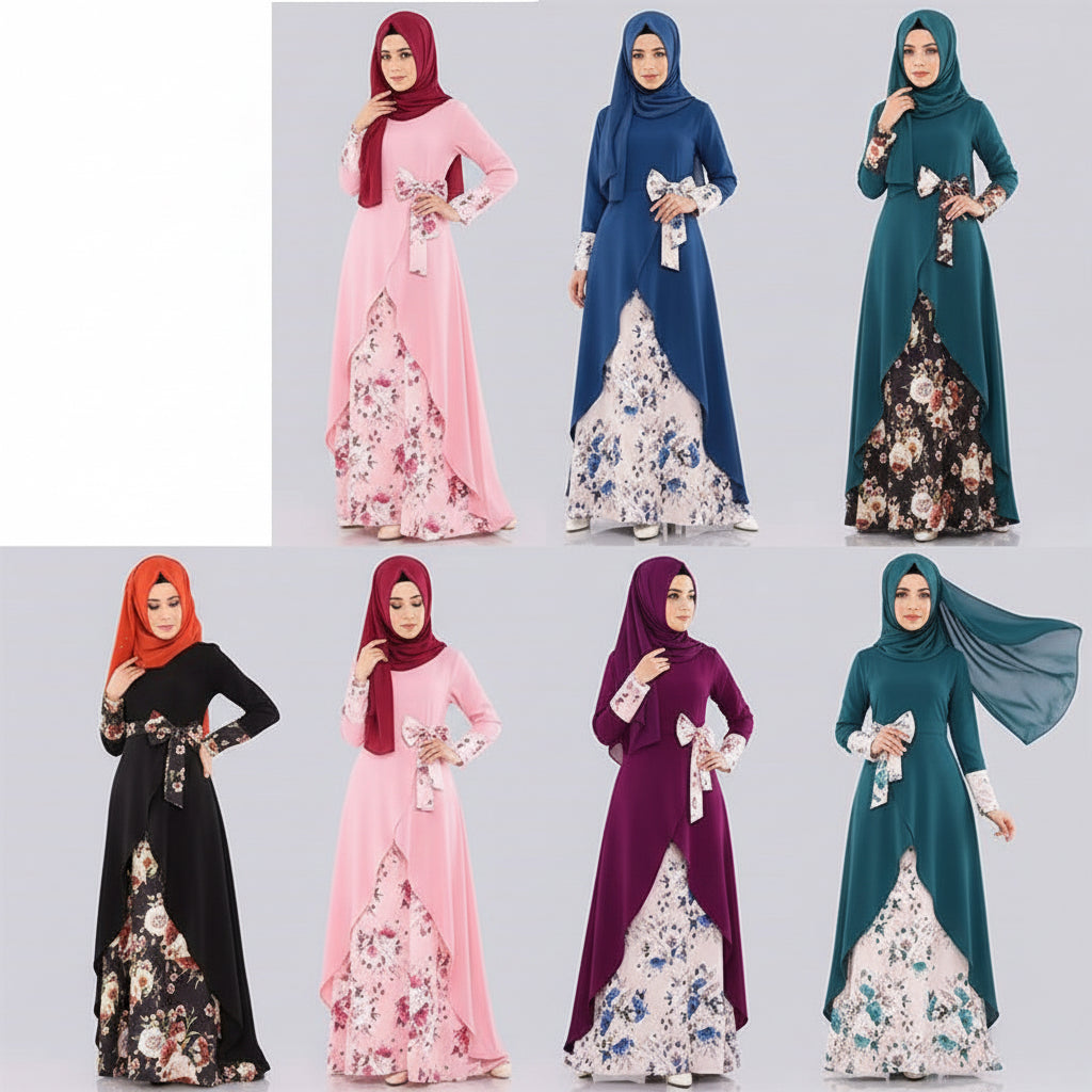 Collage of women wearing floral abayas in various colors on a gray background
