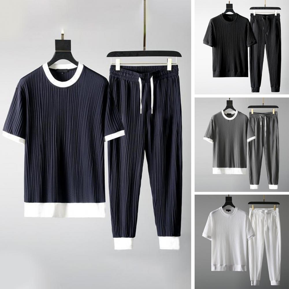 Men's Summer Outfit: Solid Color Top & Pants Set
