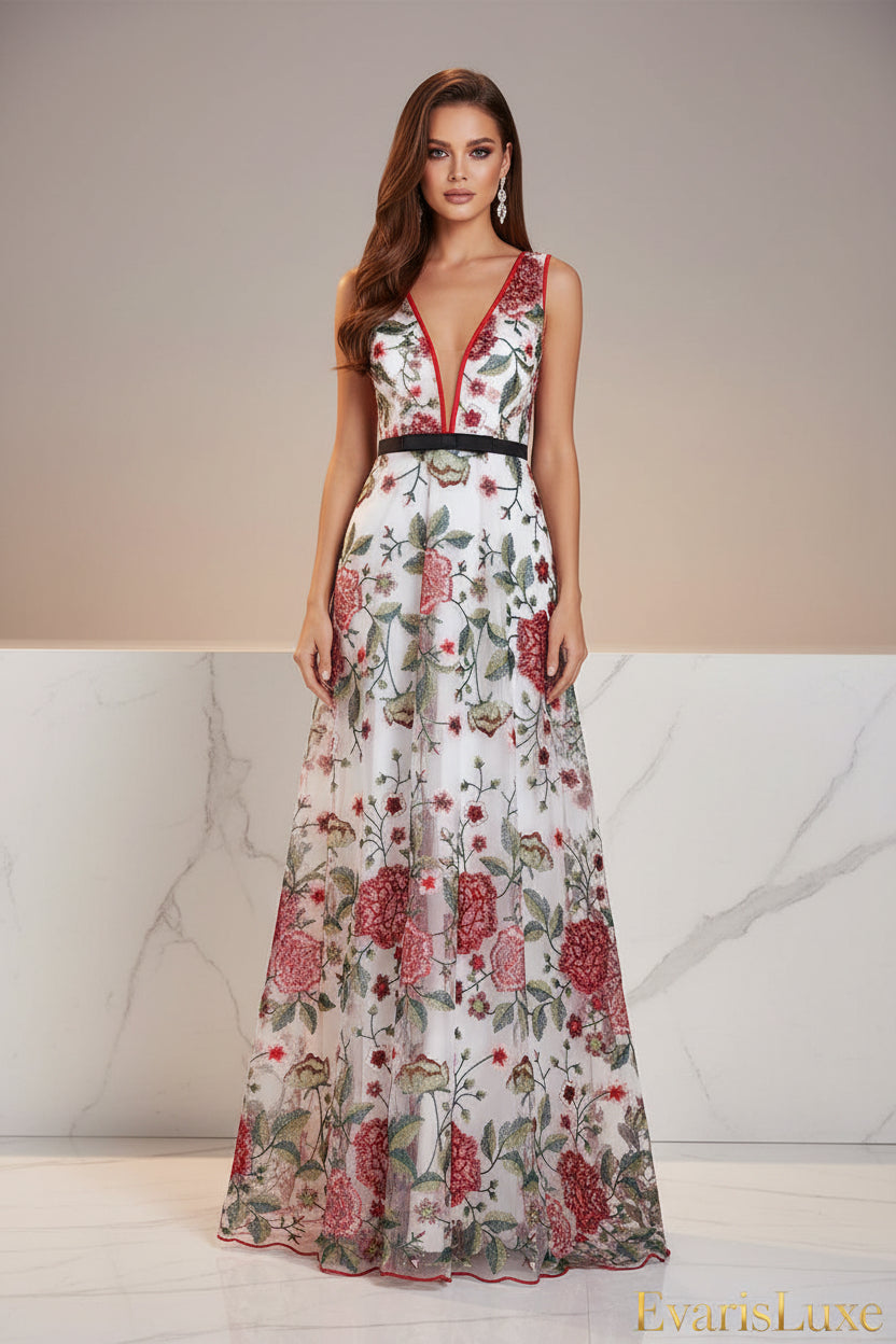 Floral dress with red and green details on a white background