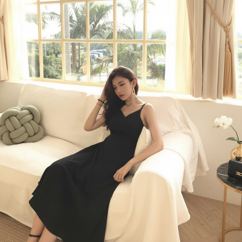 Woman in a black dress sitting on a white couch with a scenic view outside the window.
