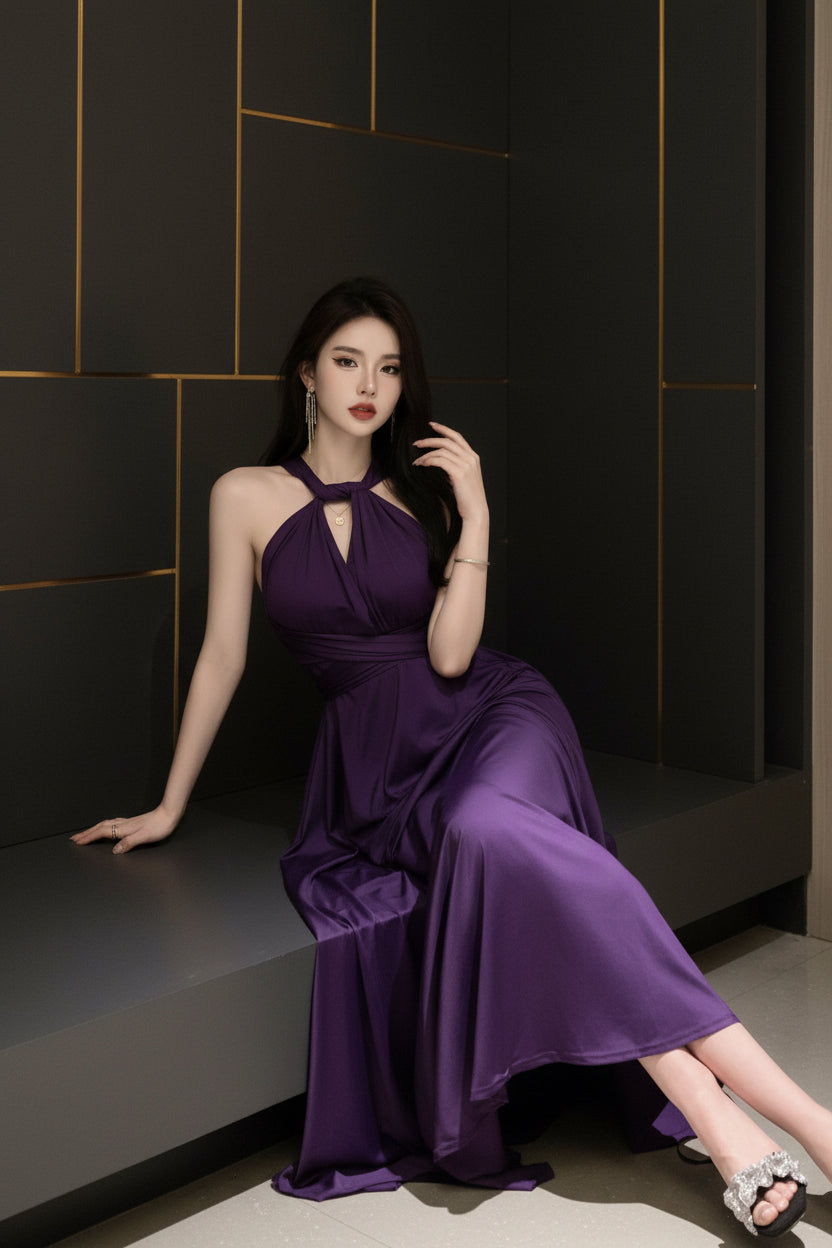 Evarisluxe Violet Halter Neck Dress