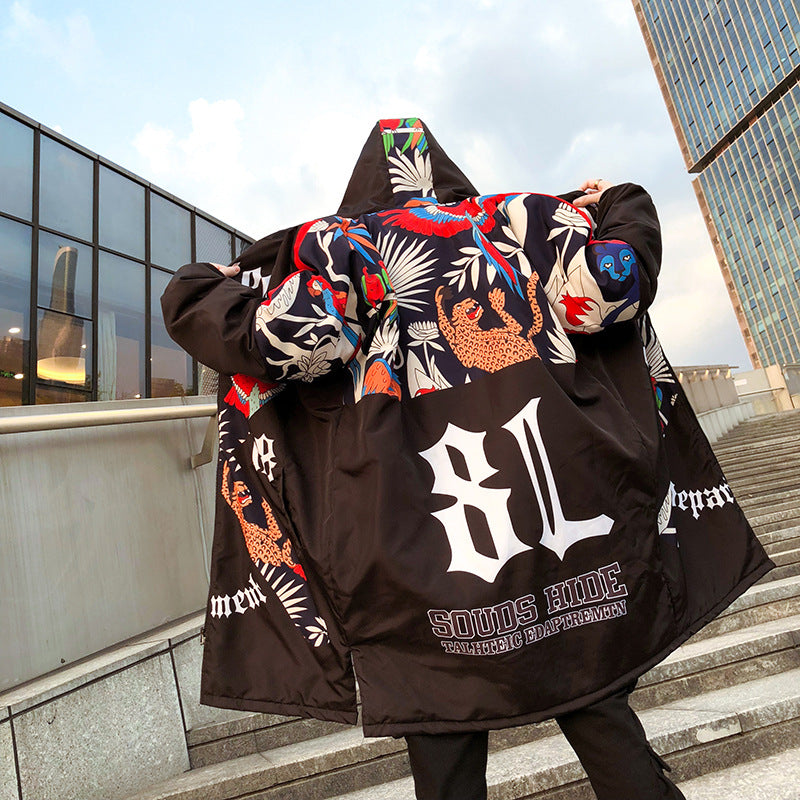 Graffiti Print Hooded Cotton Jacket for Men