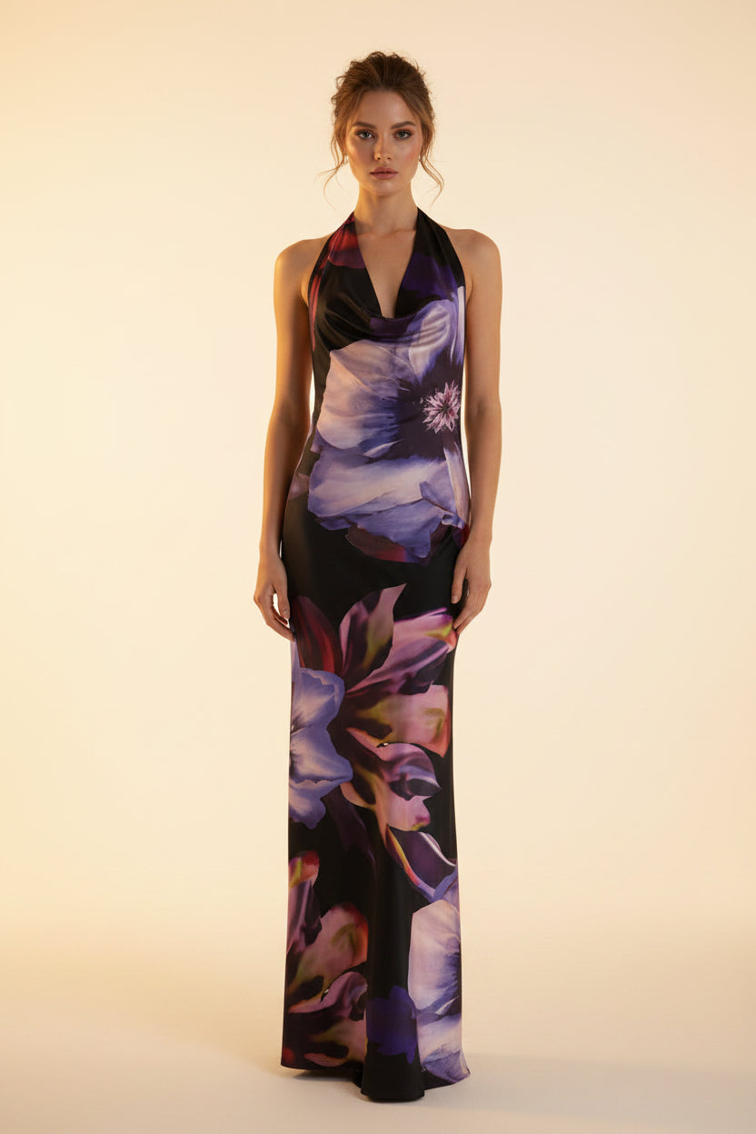 The Violette Backless Print Maxi Dress | Evarisluxe