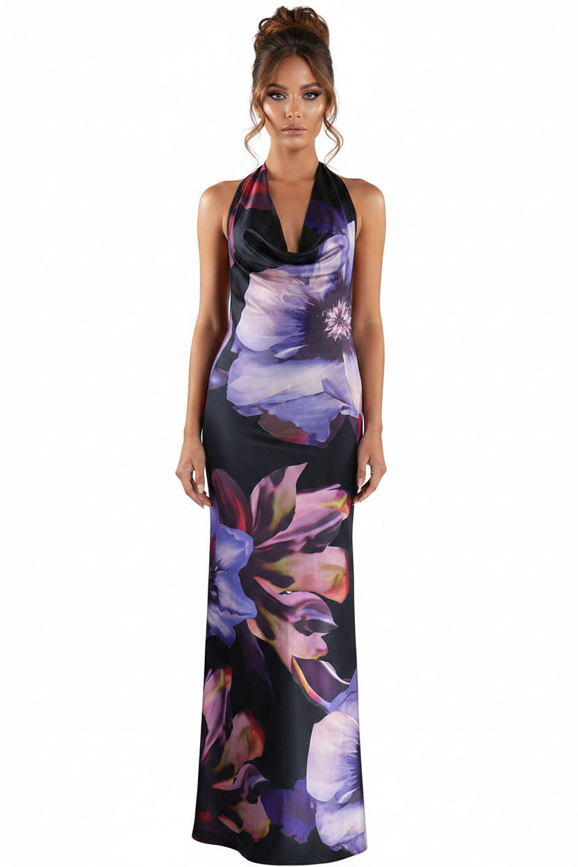 The Violette Backless Print Maxi Dress | Evarisluxe