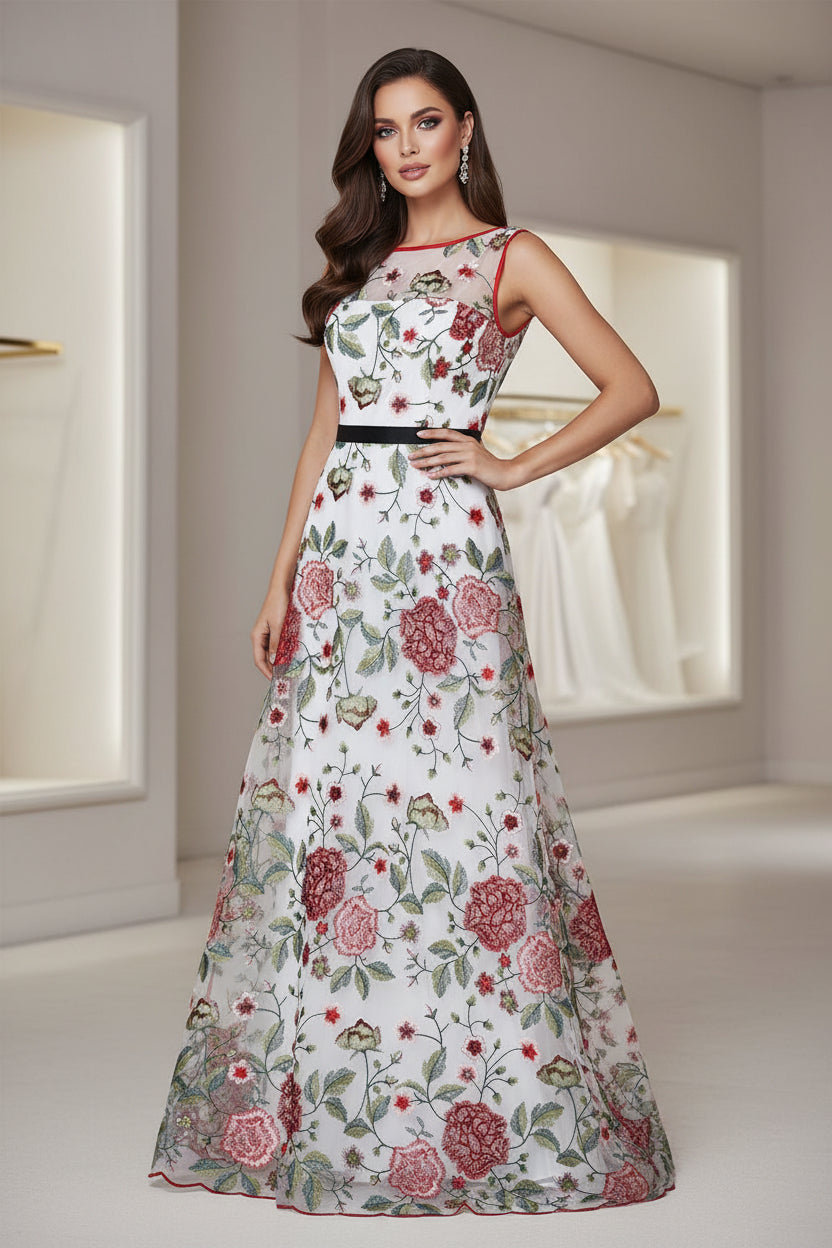 Floral dress with red flowers and green leaves on a white background