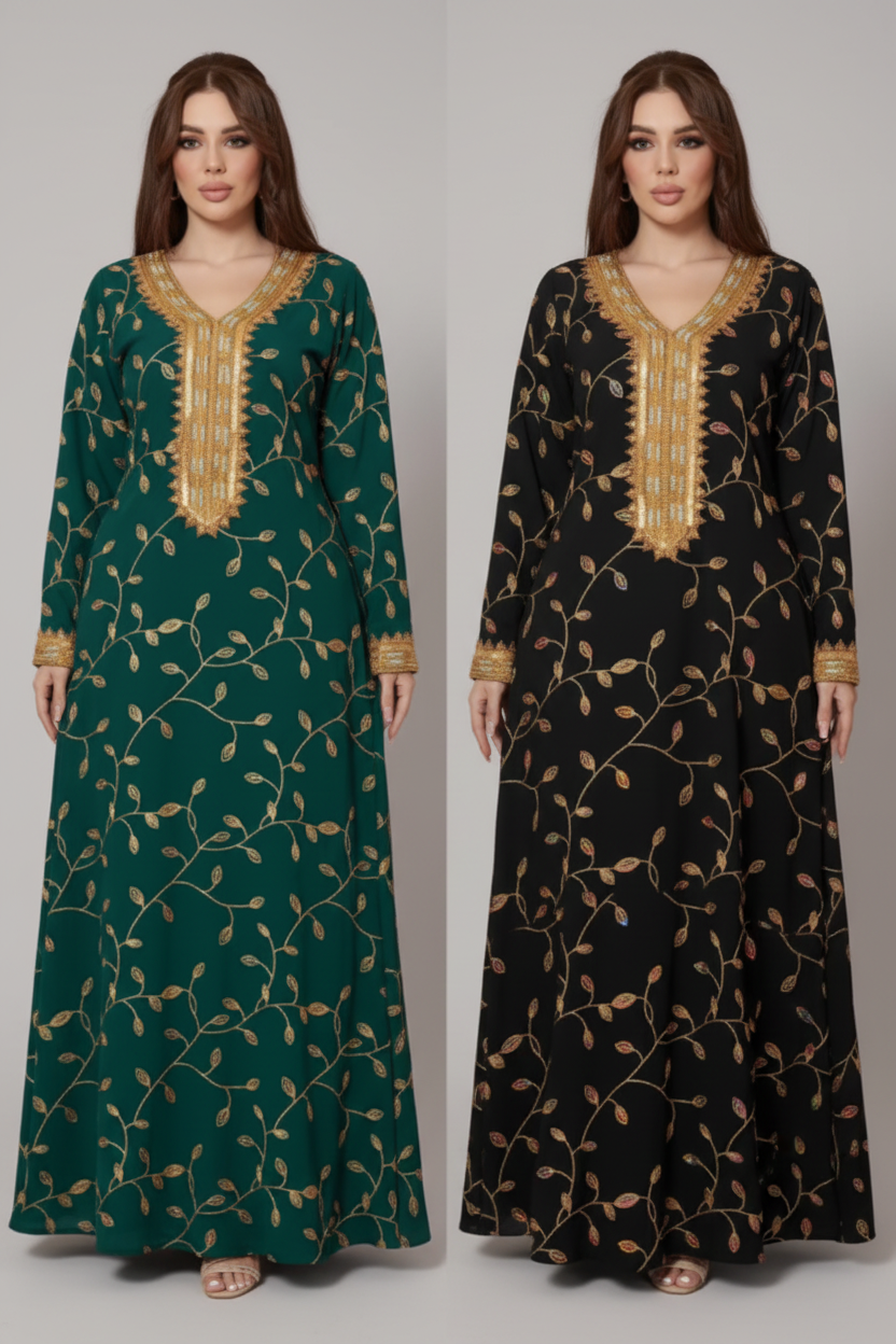 Two women wearing embroidered dresses, one green and one black, with gold patterns.