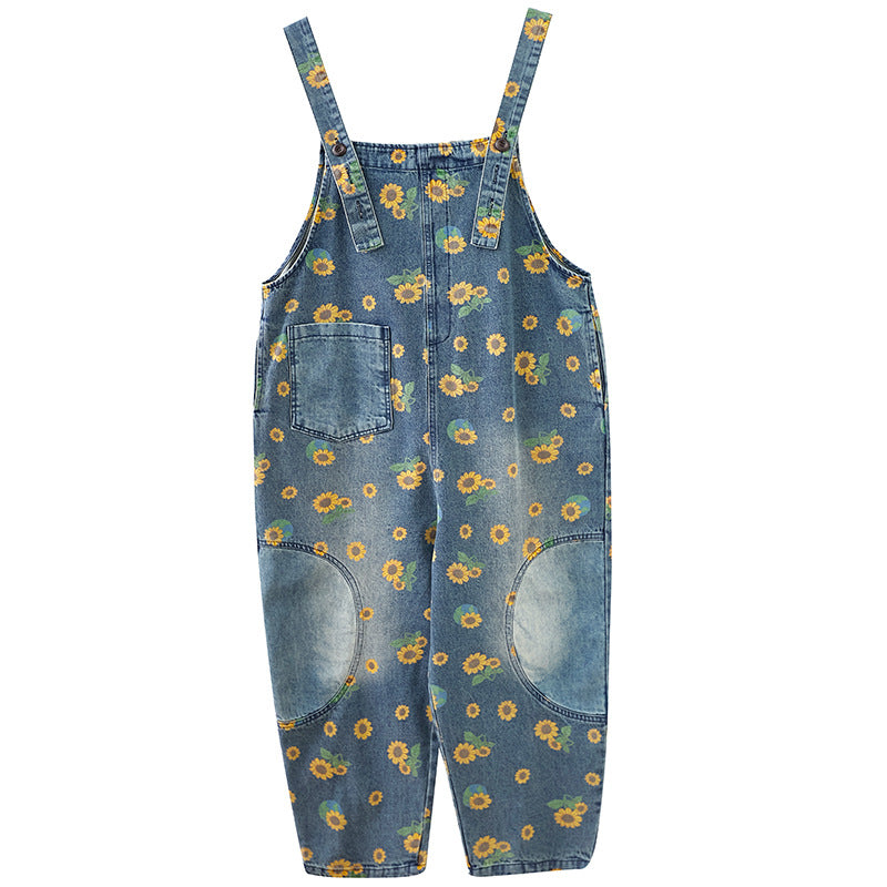 Women's Retro Print Denim Overalls for Summer