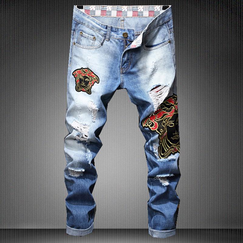 Stylish Embroidered Ripped Denim Pants for Men