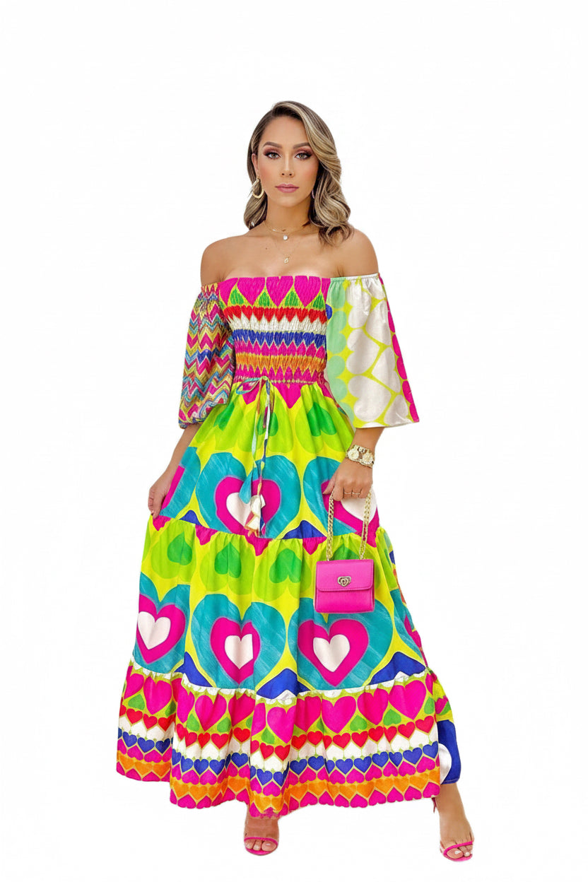 Colorful off-shoulder dress with heart patterns on a white background