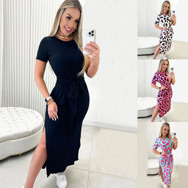 Printed Short Sleeve Split Dress for Women