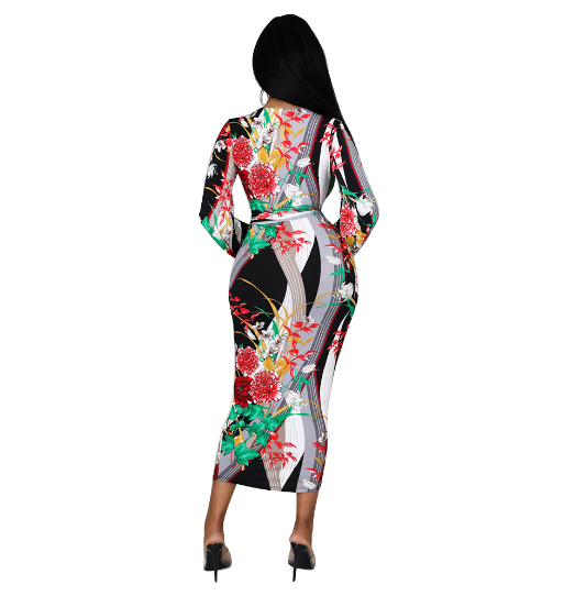 Evarisluxe Long Sleeve Printed Wrap Dress