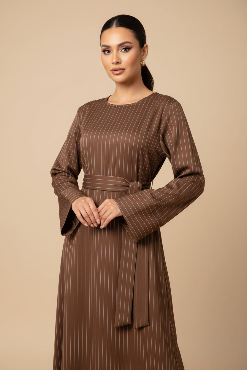 Brown pinstripe dress on a mannequin against a white background