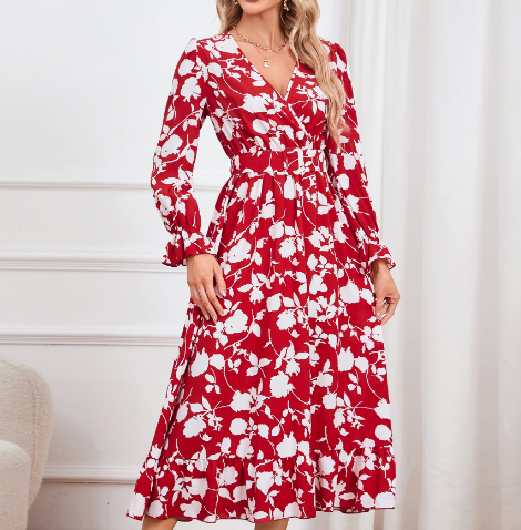 Retro V-neck Printed Dress for Women