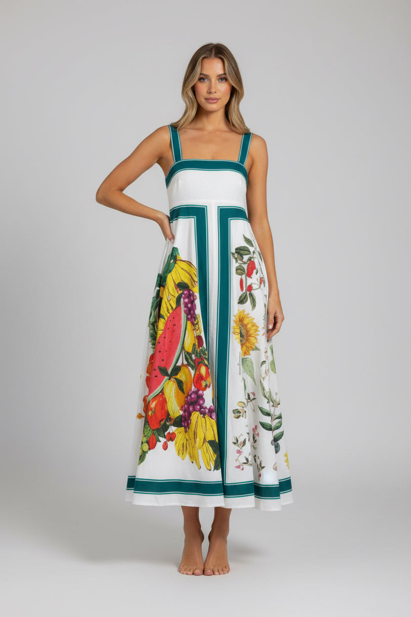 Woman wearing a floral dress with a white background