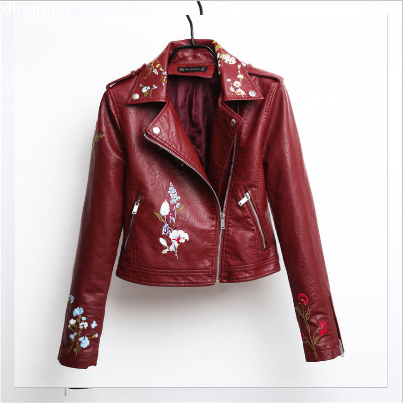 2018 Women's Korean Style Embroidered Leather Jacket